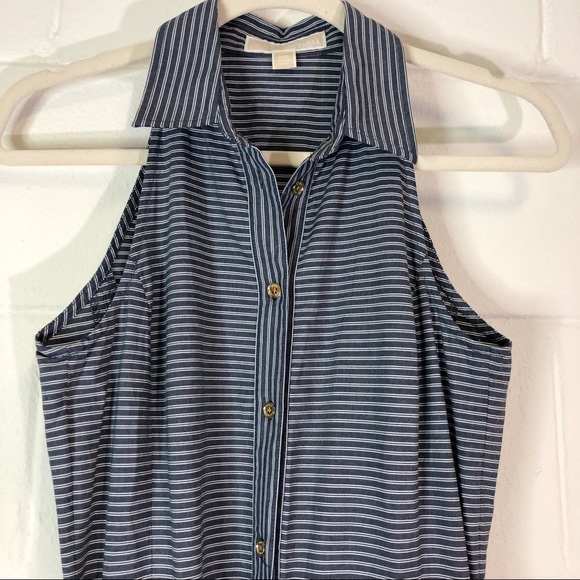 MICHAEL Michael Kors Blue And White Striped Dress Racer Back Belted Button Front - Picture 3 of 9